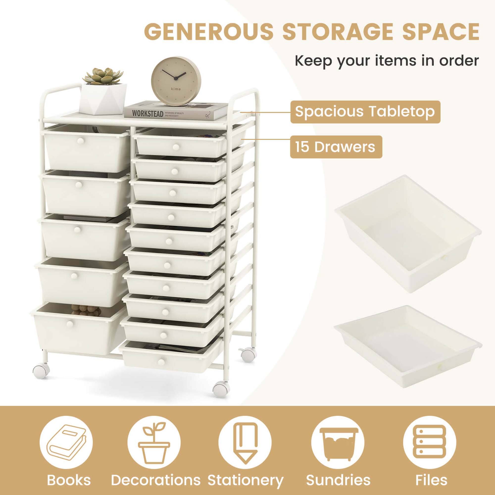 GENEROUS STORAGE SPACE, Keep your items in order, Spacious Tabletop, 15 Drawers, Books, Decorations, Stationery, Sundries, Files