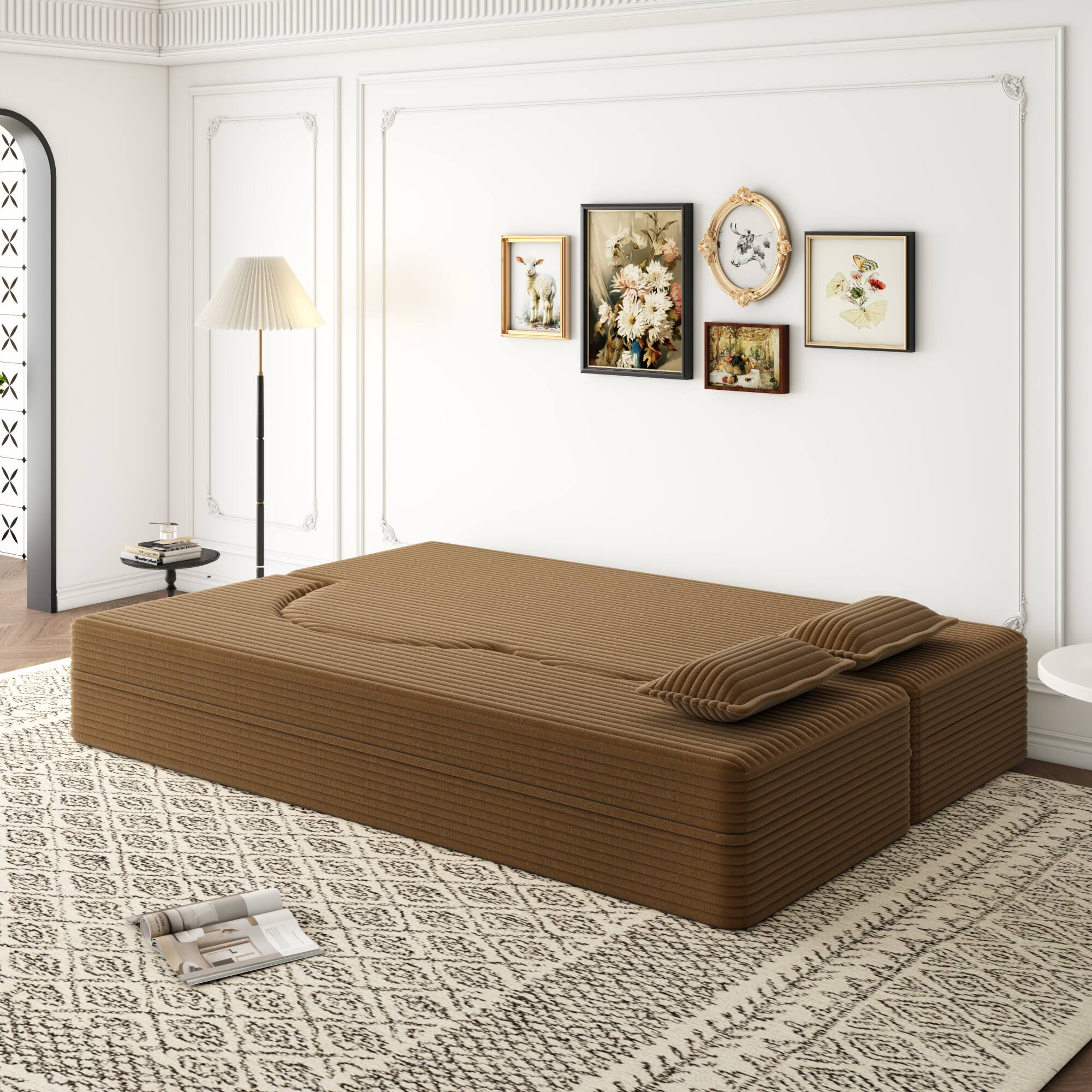 Alt View 1. GOODSILO - Convertible Plush Corduroy Floor Sleeper Sofa with Dual Pillows for Living Room and Guest Use - Camel.