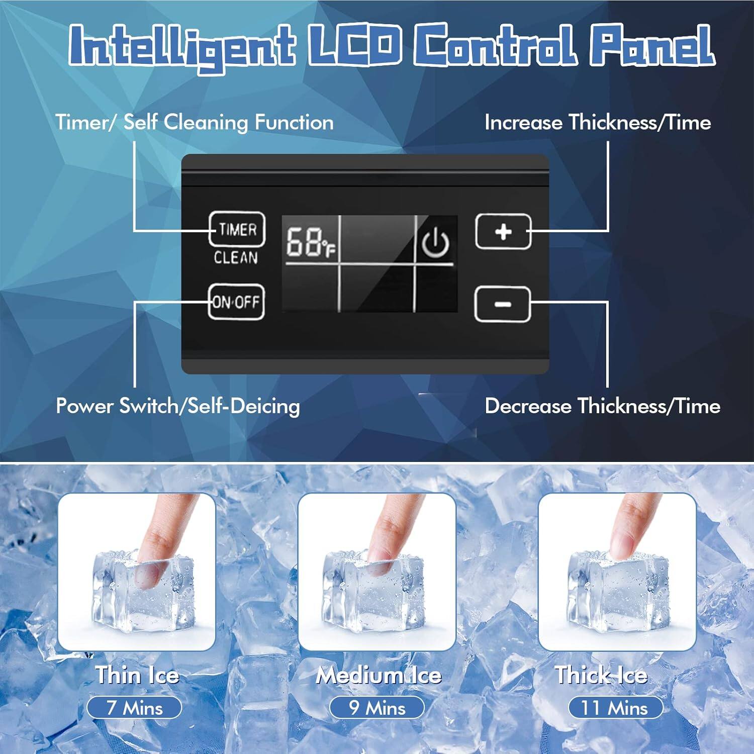 Intelligent LCD Control Panel

- Timer/ Self Cleaning Function
- Increase Thickness/Time
- Power Switch/ Self-Deicing
- Decrease Thickness/Time

68°F

- Thin Ice: 7 Mins
- Medium Ice: 9 Mins
- Thick Ice: 11 Mins