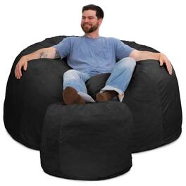 Ultimate Sack - 5 Ft Foam Filled Fur Covered Bean Bag Chair w/Footstool - Charcoal