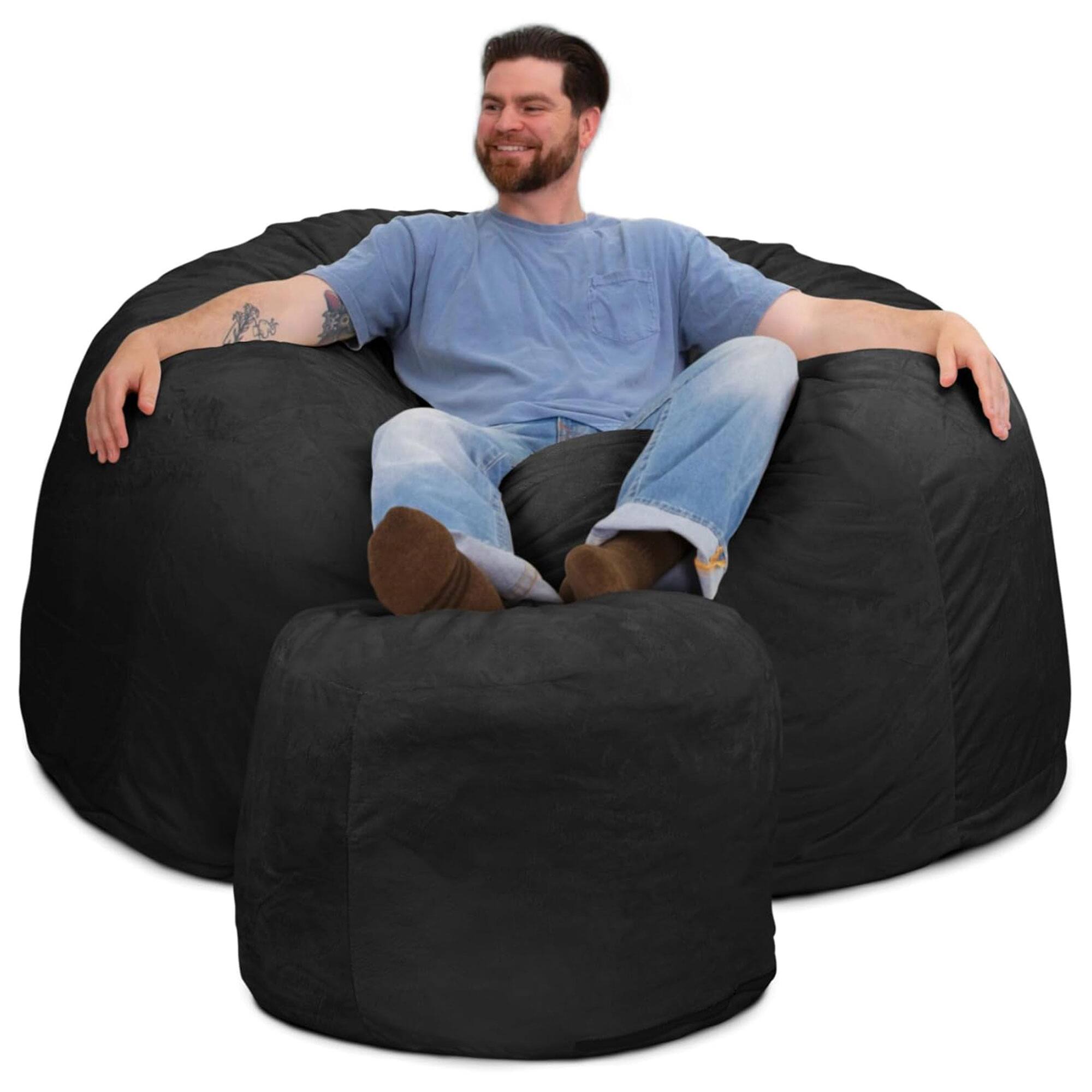 Front. Ultimate Sack - Ultimate Sack 5 Ft Foam Filled Fur Covered Bean Bag Chair w/Footstool, Charcoal - Charcoal.