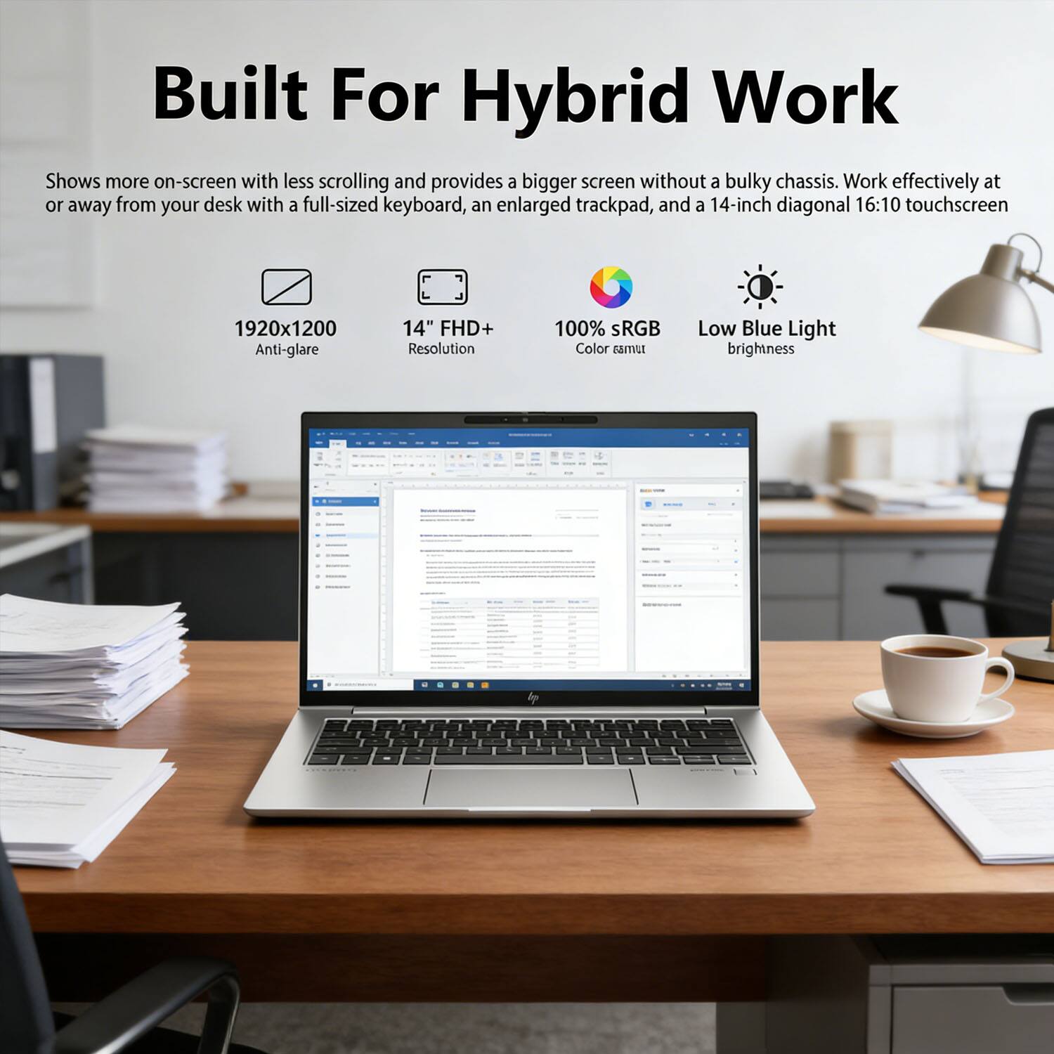 Built For Hybrid Work

Shows more on-screen with less scrolling and provides a bigger screen without a bulky chassis. Work effectively at or away from your desk with a full-sized keyboard, an enlarged trackpad, and a 14-inch diagonal 16:10 touchscreen.

- 1920x1200 Anti-glare
- 14" FHD+ Resolution
- 100% sRGB Color Gamut
- Low Blue Light brightness