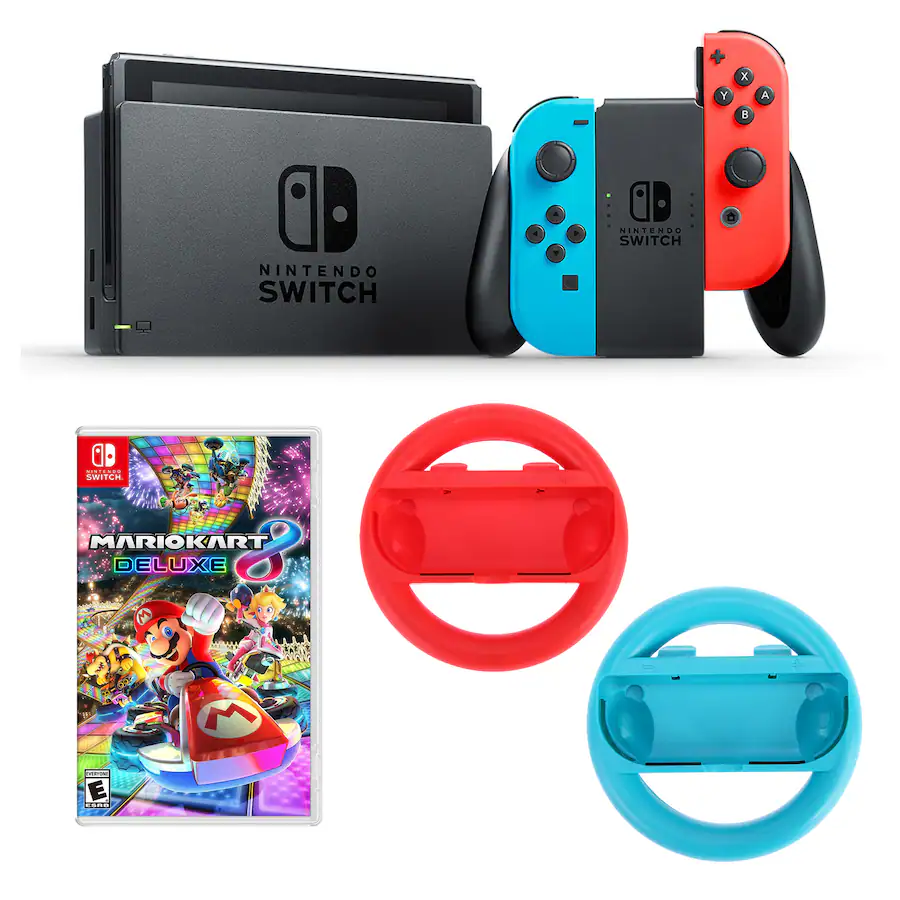 Switch Neon Console with Mario Kart Delude Edition and Steering Wheels Bundle Nintendo Switch