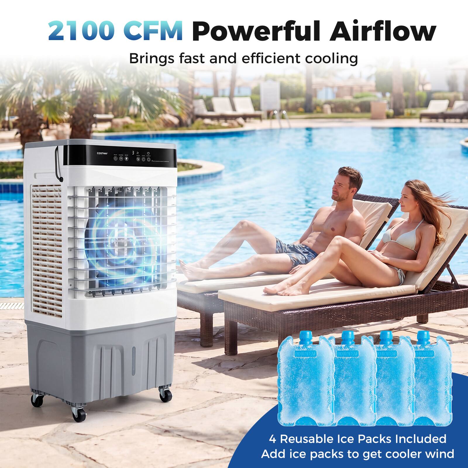 2100 CFM Powerful Airflow Brings fast and efficient cooling

4 Reusable Ice Packs Included
Add ice packs to get cooler wind