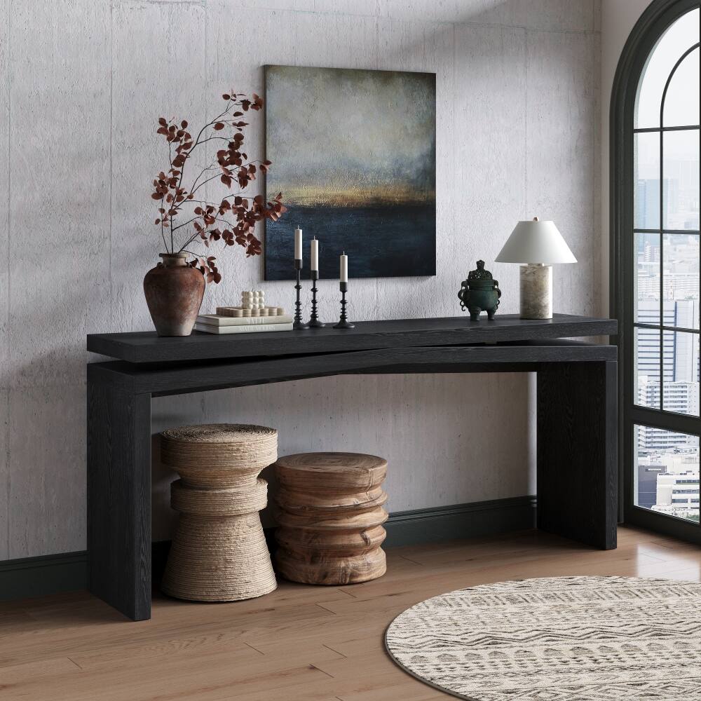 Angle. Loheer - Loheer 65 Inch Rustic Console Table, Long Farmhouse Entryway Table with Sled Base, Black - Black.