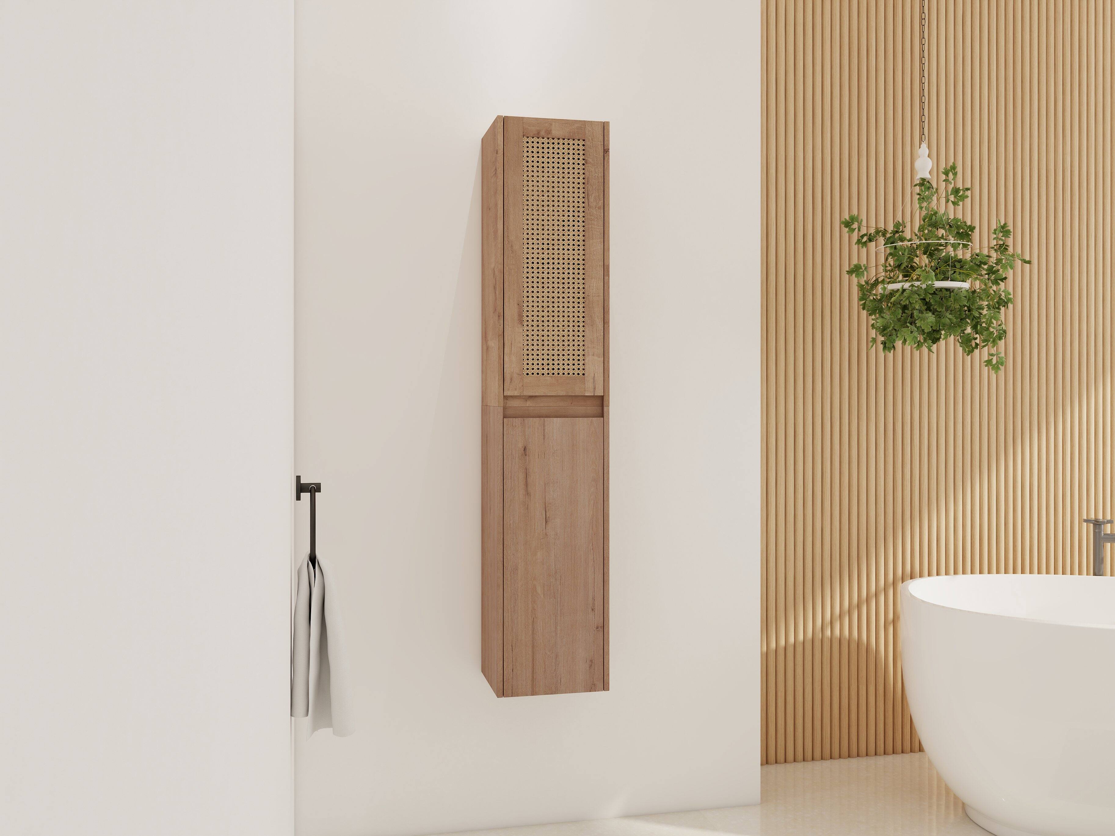 Back. TinyHomie - 12in Bathroom Side Cabinet Soft Close Doors Float Mounting Design KD-Packing - Imitative Oak.