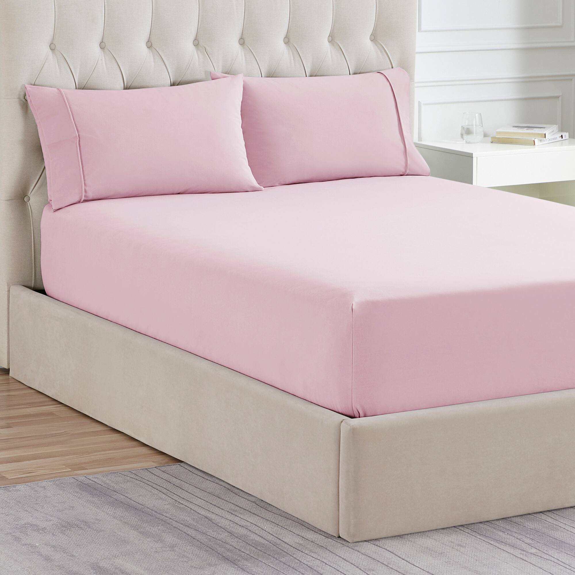 Left. Sweet Home Collection - Solid Flannel Pillowcases (Set of 4), Ultra Soft, King - Pale Pink.