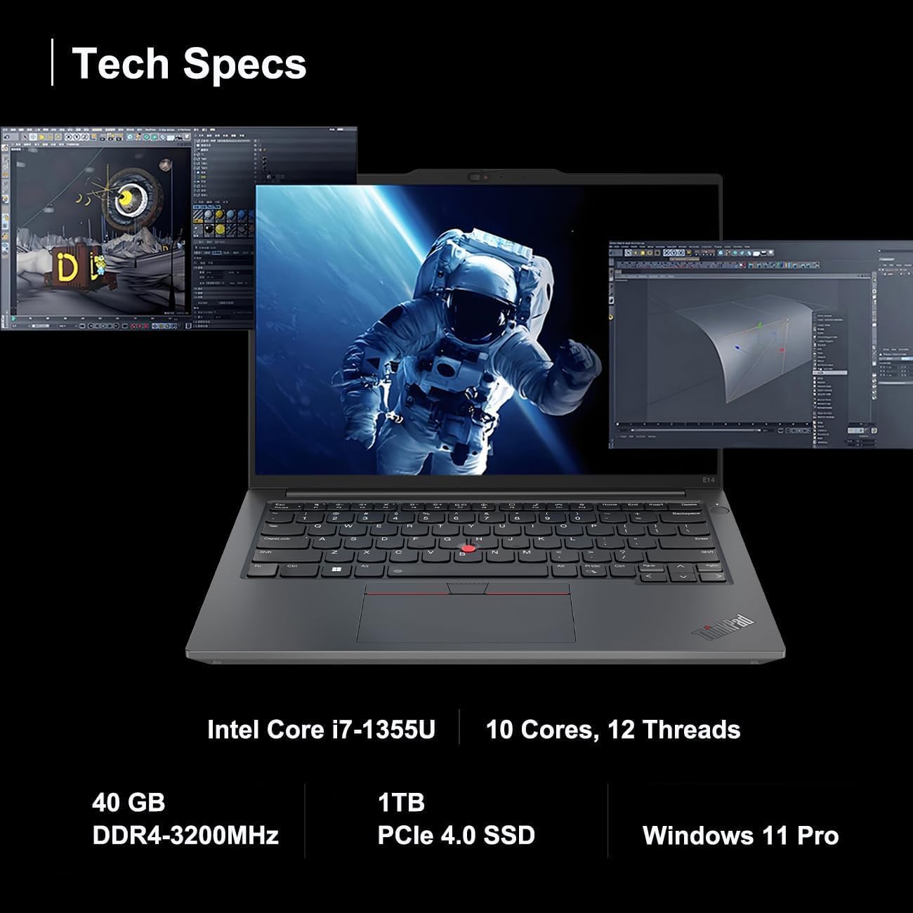 Tech Specs

- Intel Core i7-1355U
- 10 Cores, 12 Threads
- 40 GB DDR4-3200MHz
- 1TB PCIe 4.0 SSD
- Windows 11 Pro