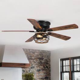 Parrot Uncle - 48" Vintage Wooden 5-Blade Flush Mount Cgaed Ceiling Fan with Remote - Black
