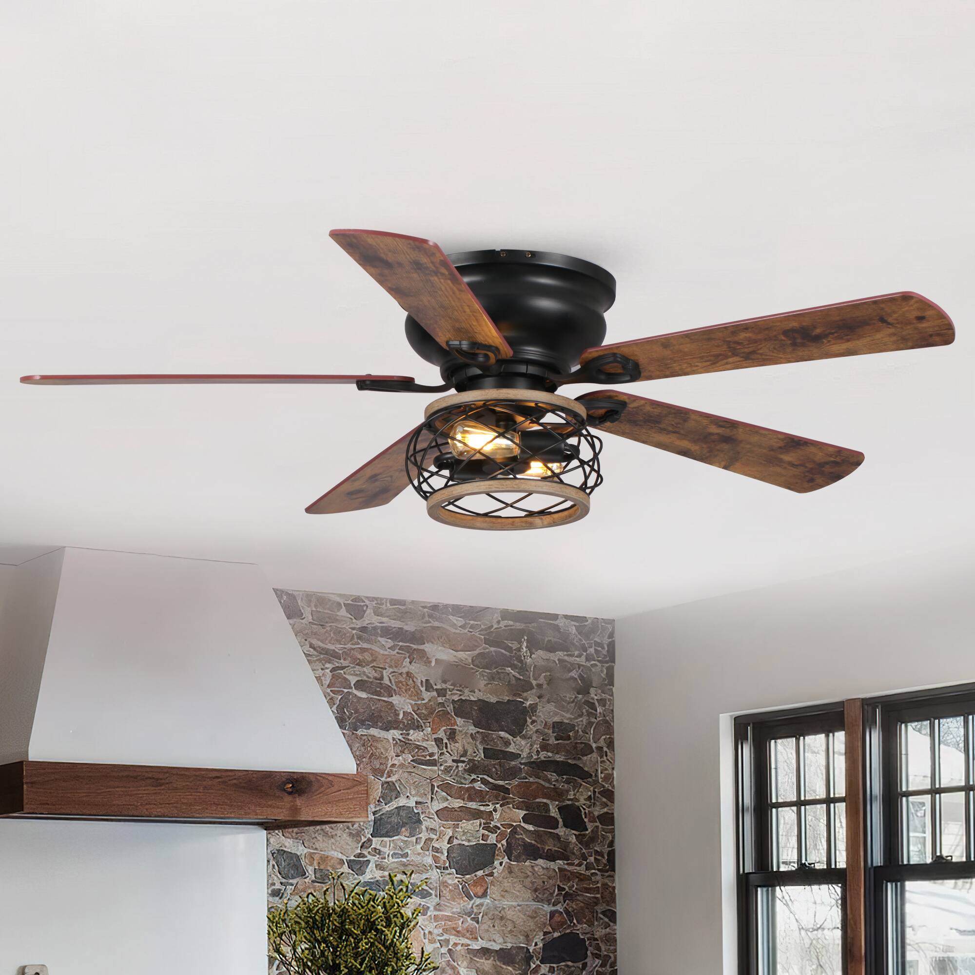 Front. Parrot Uncle - 48" Vintage Wooden 5-Blade Black Flush Mount Cgaed Ceiling Fan with Remote - Black.