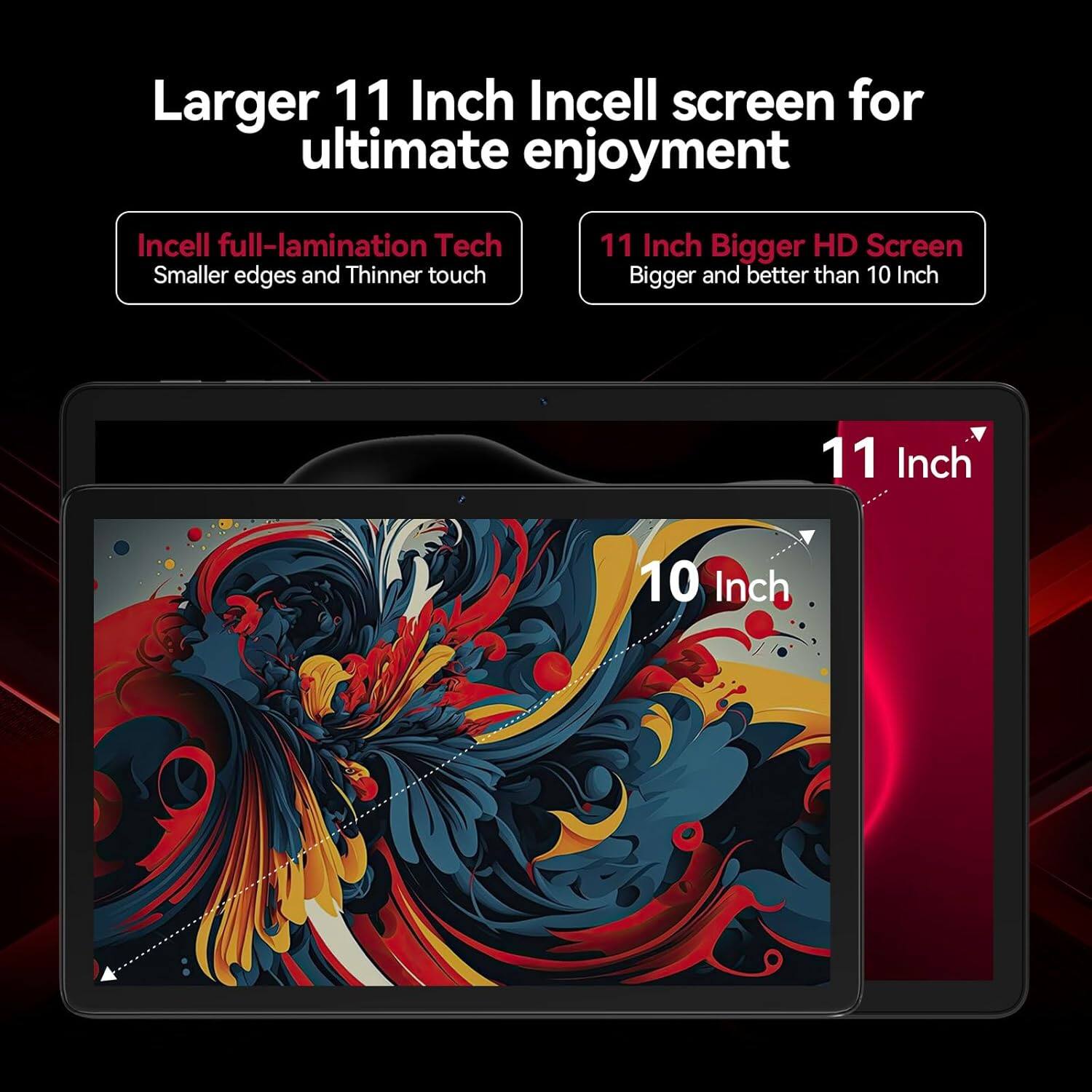 Larger 11 Inch Incell screen for ultimate enjoyment  
Incell full-lamination Tech  
Smaller edges and Thinner touch  
11 Inch Bigger HD Screen  
Bigger and better than 10 Inch