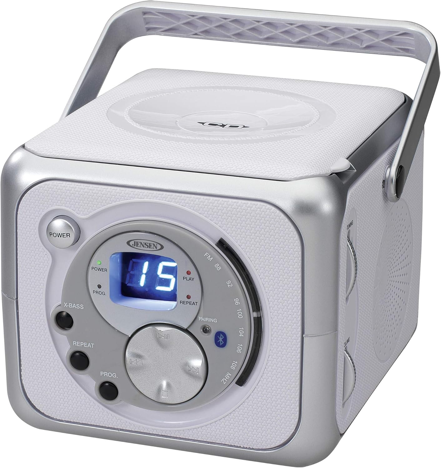 Jensen - CD-555 White/ CD Bluetooth Boombox Portable Bluetooth Music System - Silver