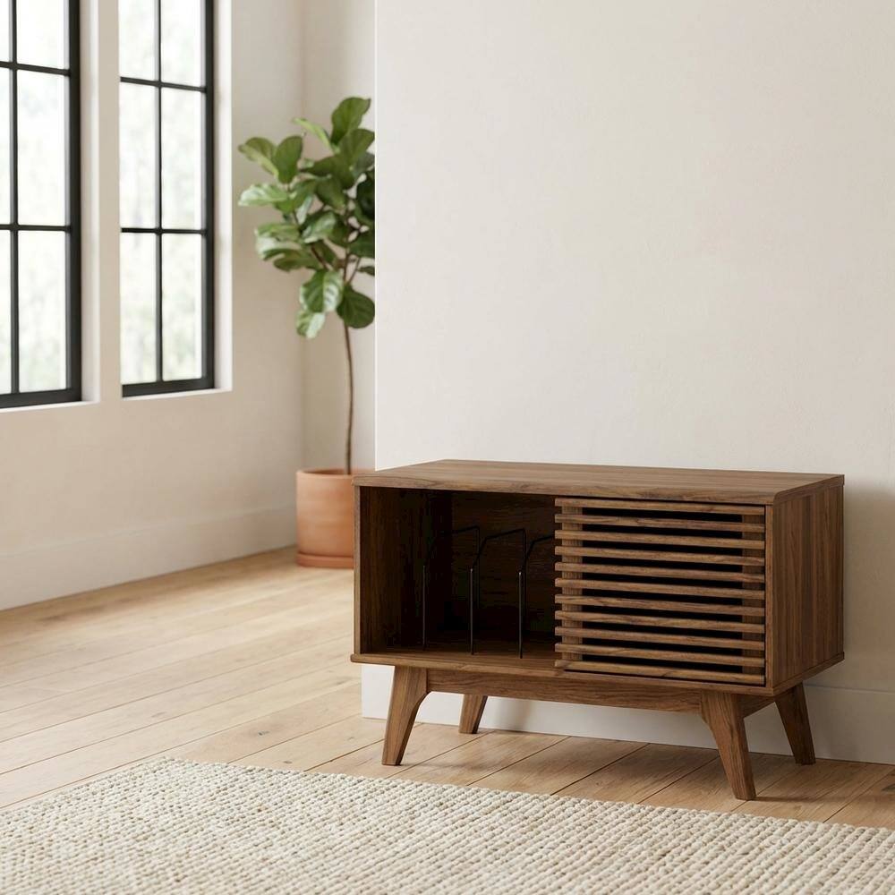 Left. FurniFact - Wood vinyl record display stand in warm brown finish with spacious shelf - Brown.