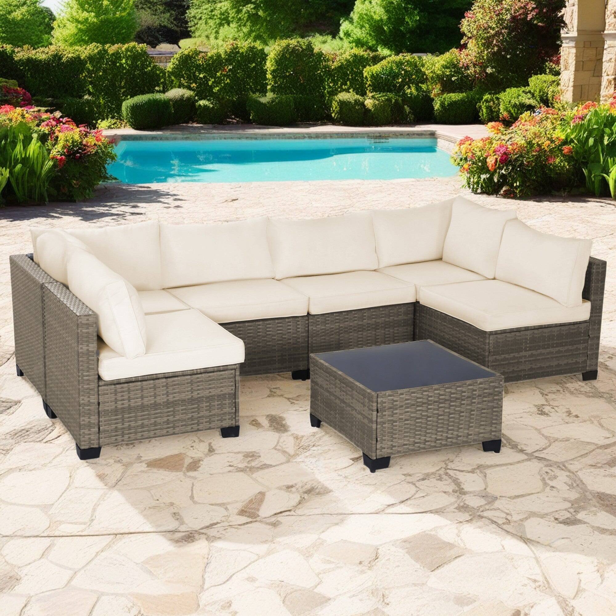 Front. Boyel Living - 7 Piece Modular Outdoor Patio Sectional Set Beige with Coffee Table - Beige.
