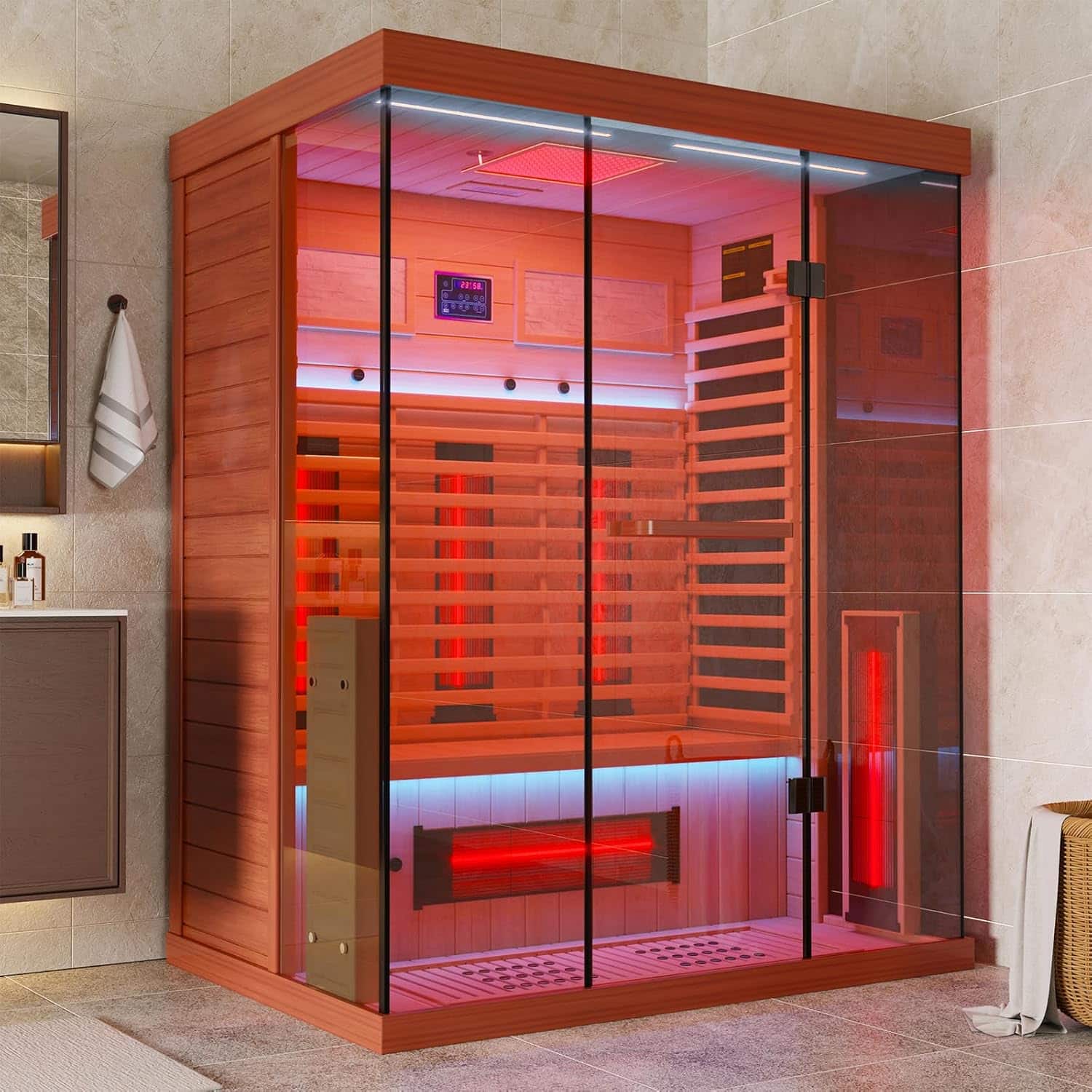 Yardgrace - Full Spectrum Infrared Sauna，3 Person Home Sauna， Indoor Spa Sauna with Resonance Speaker and Tempered Glass - Red Cedar price history on PriceWatchPro