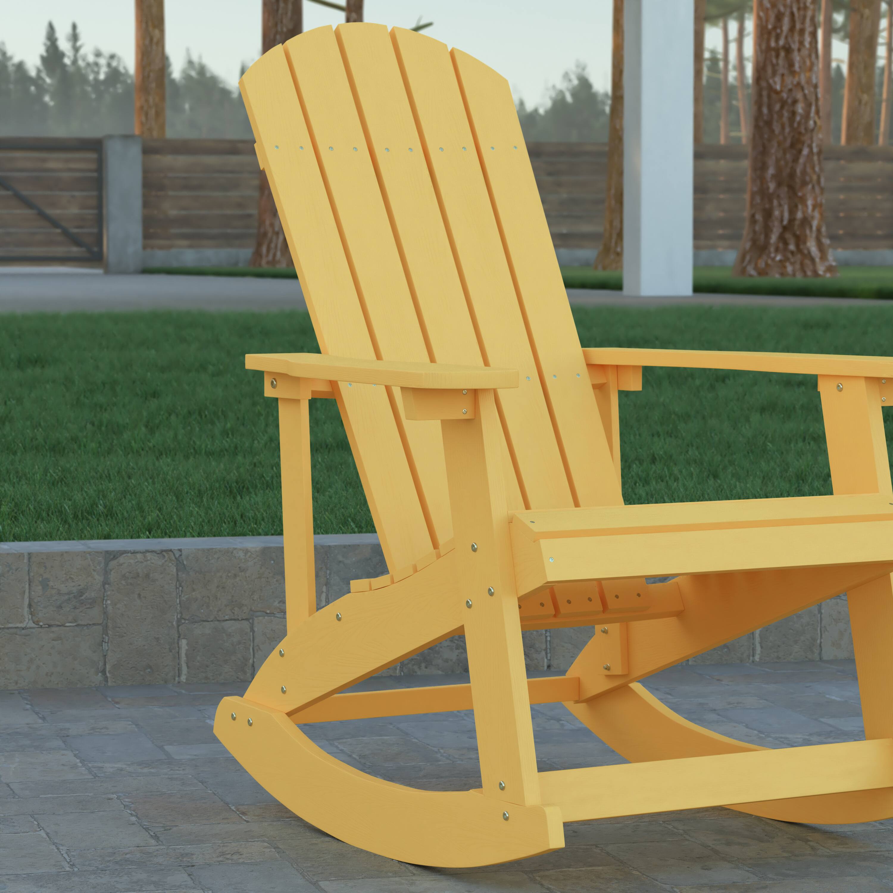 Alt View 4. Emma + Oliver - Classic All-Weather Poly Resin Rocking Adirondack Chair with Stainless Steel Hardware for Year Round Use - Yellow.