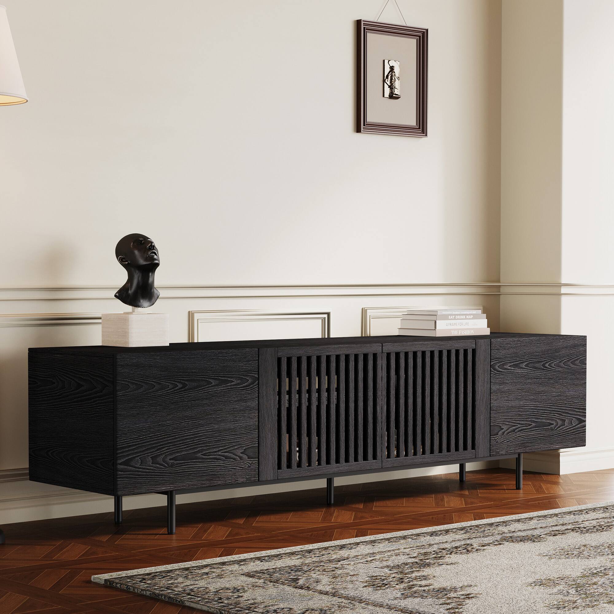 Left. luck idea - Modern Black TV Stand with Adjustable Shelves, Soft-Close Hinges & Cable Management, Media Console for Living Room - Black.