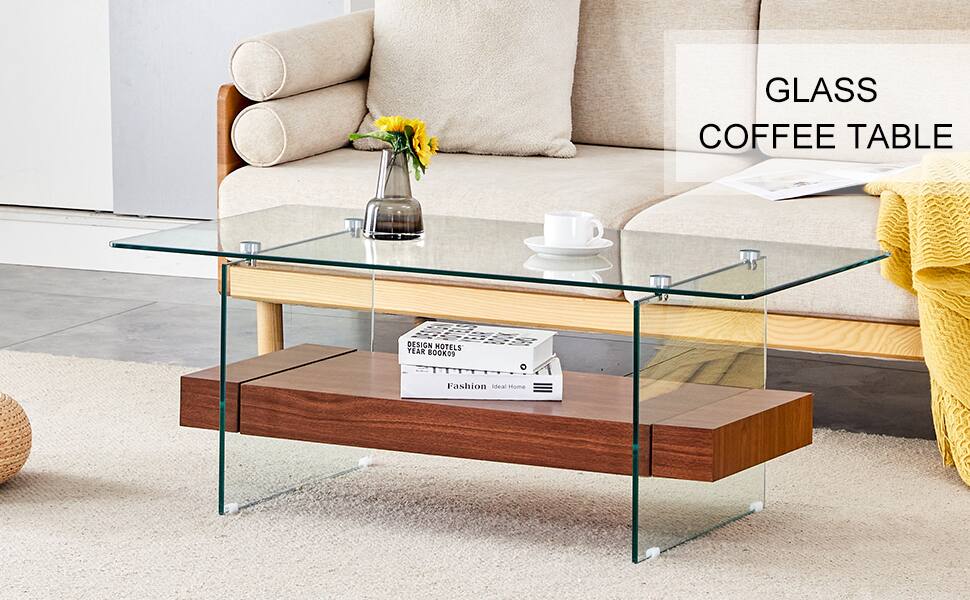 TinyHomie Rectangular Floating Table Double Layer Glass Legs 43X24X17 ...