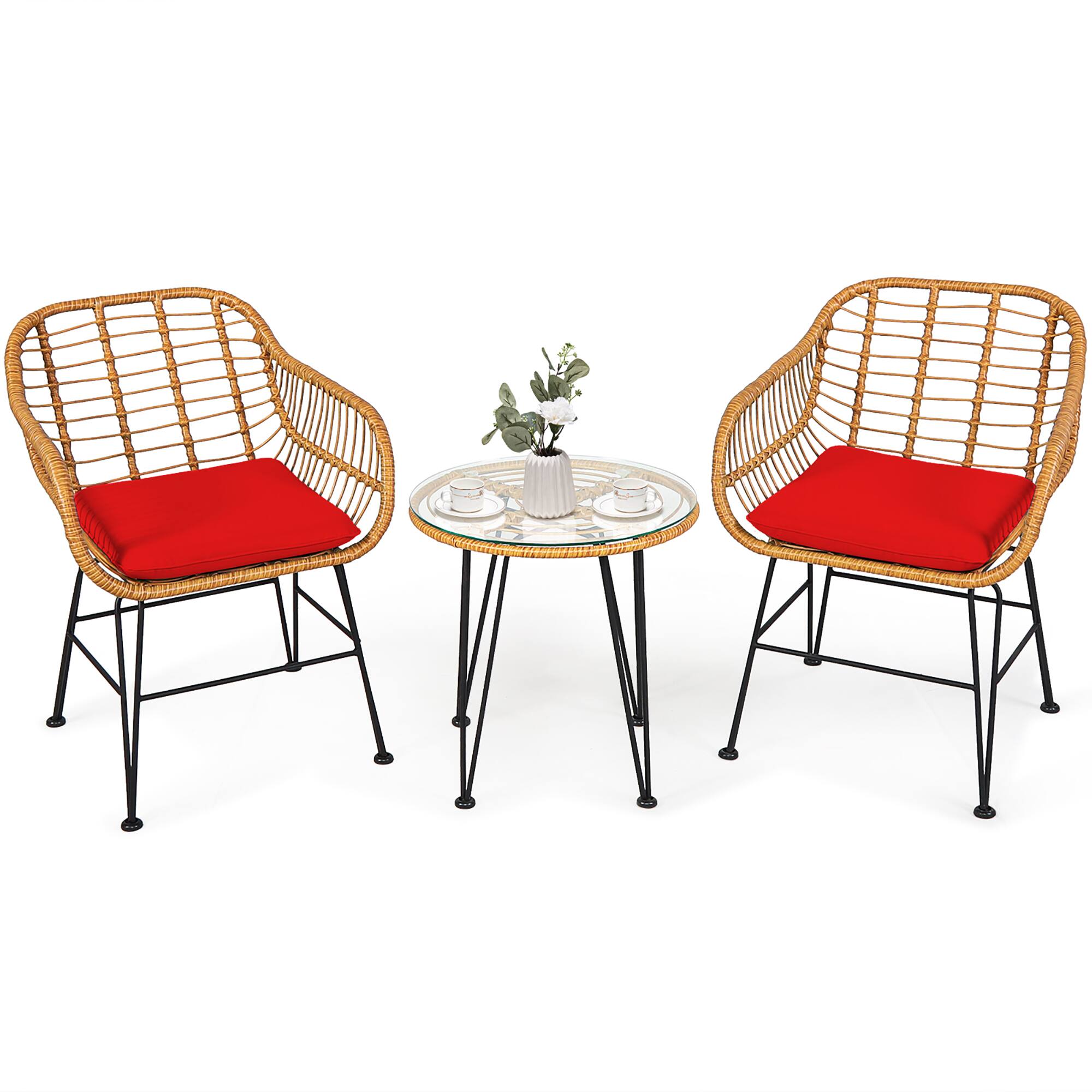 Alt View 9. Costway - Costway 3PCS Patio Rattan Bistro Furniture Set Cushioned Chair Table - Red.