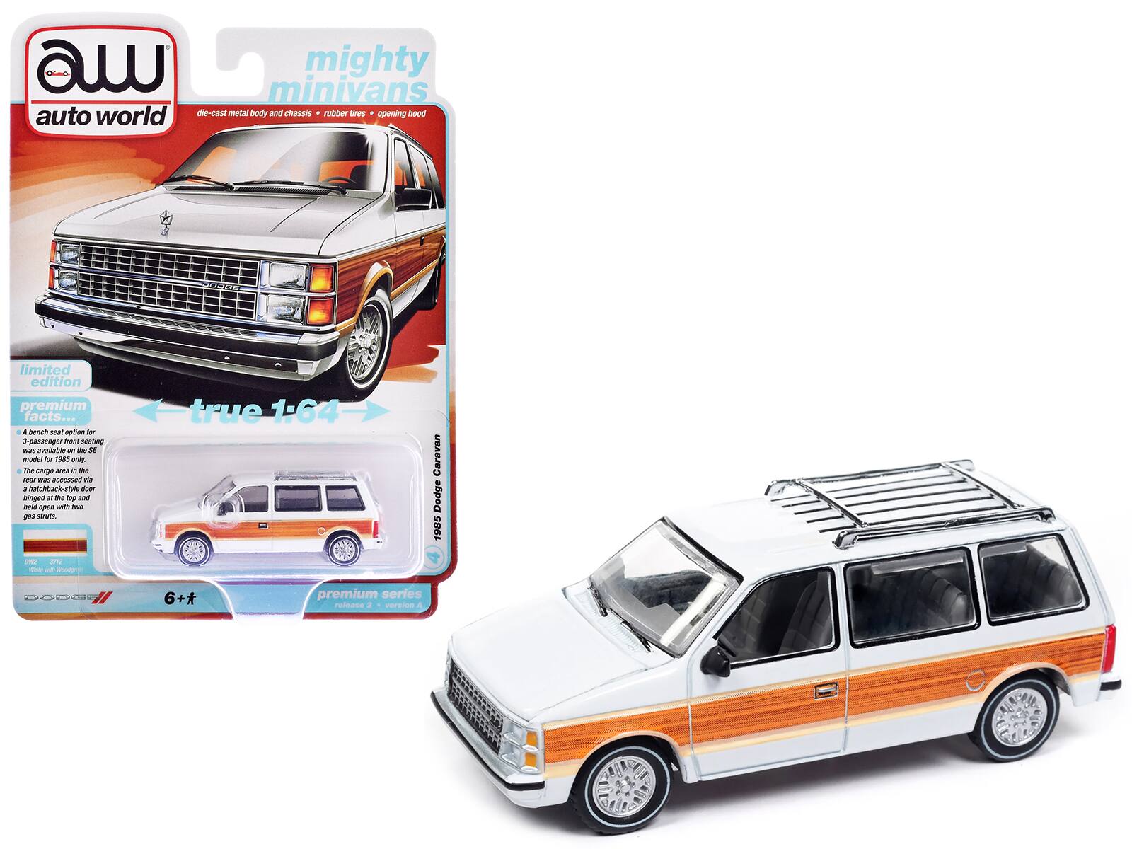 mighty minivans  
auto world  
die-cast metal body and chassis • rubber tires • opening hood  

limited edition  
premium facts...  
true 1:64  

A bench seat option for 3-passenger front seating was available on the R model for 1985 only.  
The cargo area in the rear was accessed via a hatch that hinged at the top and held open with two gas struts.  

1985 Dodge Caravan  
series release 2 version A  

6+