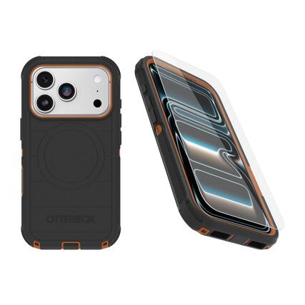 Front. OtterBox - OtterBox iPhone 17 Pro (Only) Bundle: Defender Series Case & Screen Protector - Case Only - Rugged - Snaps on MagSafe - Black Chateau (Black & Orange).