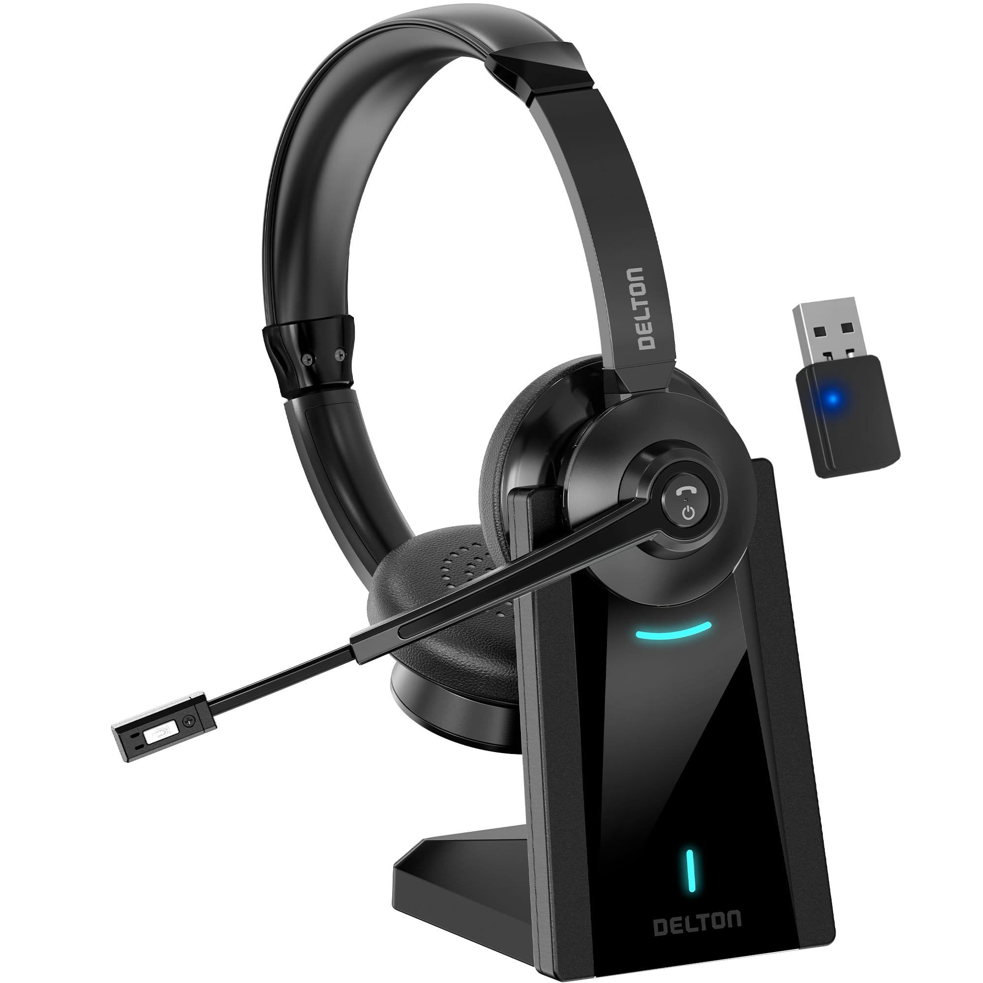 Delton - 35x Noise Cancelling Wireless 2-Ear Headset with USB Dongle & Charging Dock (DBTHEAD35XBTDL) - Black
