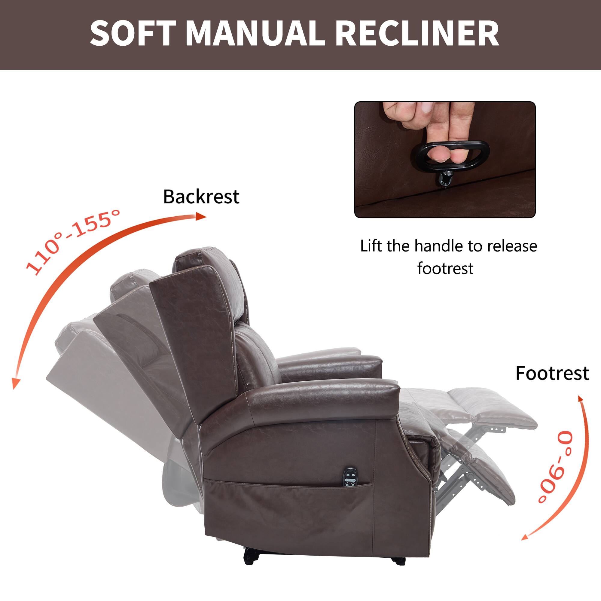 SOFT MANUAL RECLINER

Backrest: 110°-155°

Footrest: 0°-90°

Lift the handle to release footrest