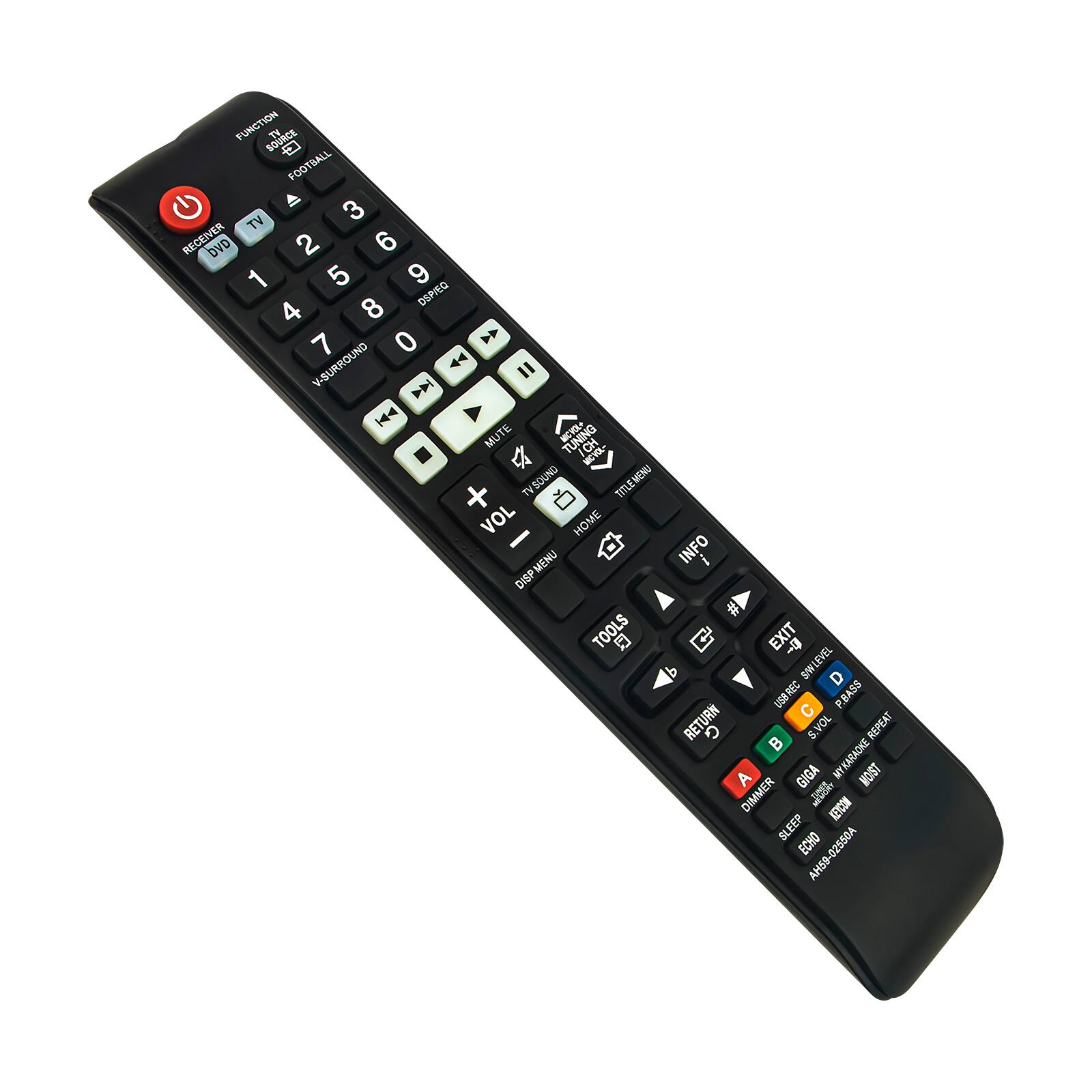 FUNCTION SOURCE TV FOOTBALL TV 3 RECEIVER DVD 2 6 1 5 9 DSPEG 4 8 7 0 V-BURROUND 44 D H4 MUTE TUNING ICH KCY + TV SOUND TITLE MENU VOL HOME MENU INFO DISP TOOLS O EXIT 7 SILEVEL D USBREC C PBASS RETURN G 8.VOL 2 REPEAT B I A GIGA MOST DIMMER Jho SLEEP ECHO AH58-02550A