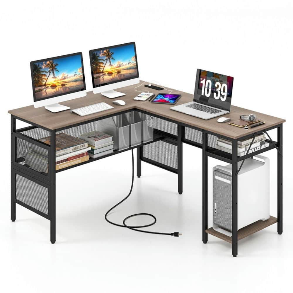 Kadyn - L-Shaped Computer Desk with Charging Station and Adjustable Shelf- Home Office Desks, Computer Desks for Study - Gray
