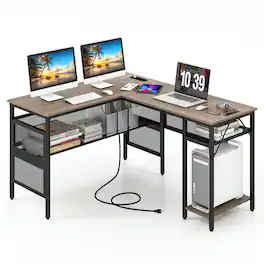 Kadyn - L-Shaped Computer Desk with Charging Station and Adjustable Shelf- Home Office Desks, Computer Desks for Study - Gray