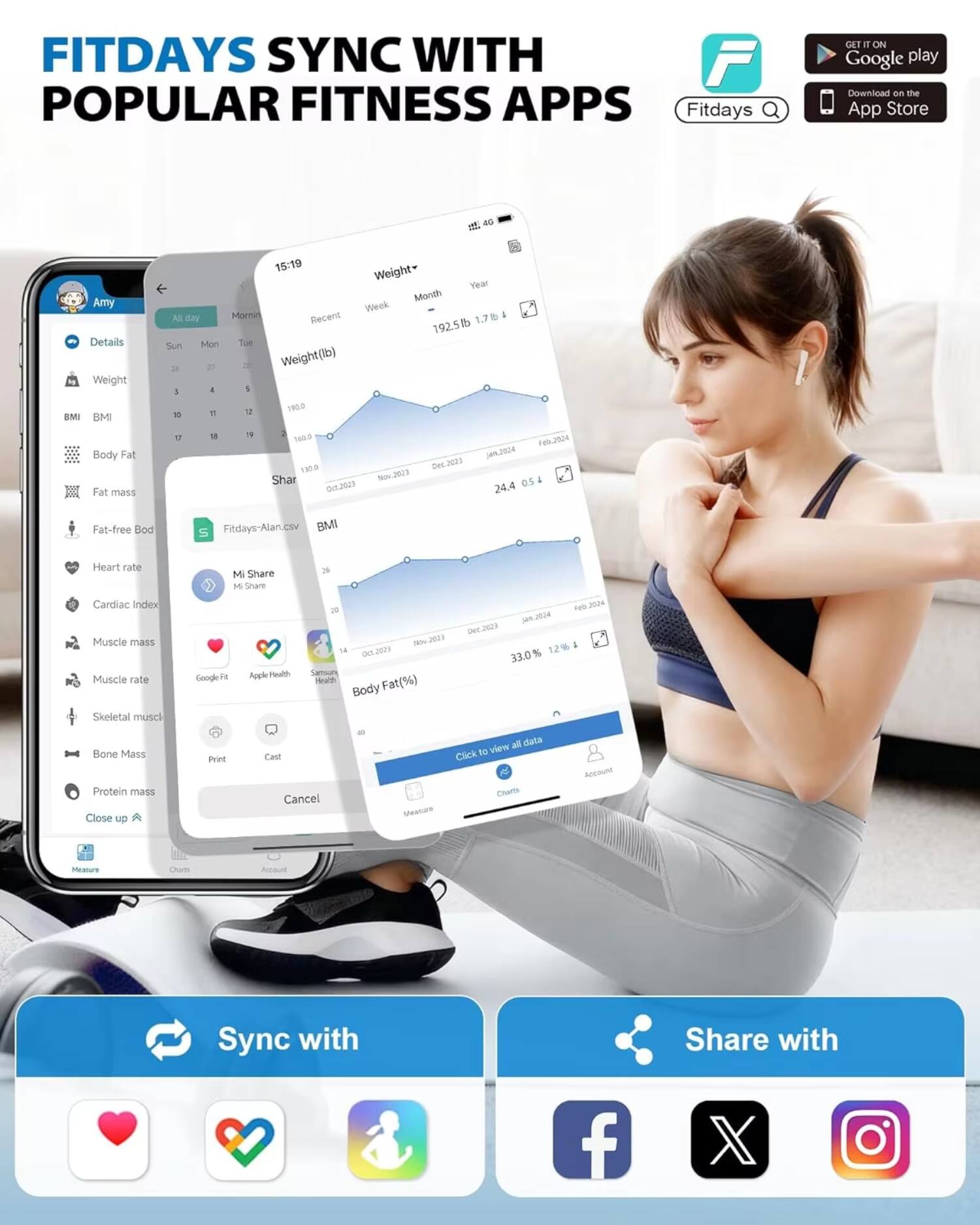 FITDAYS SYNC WITH POPULAR FITNESS APPS

Fitdays CLT 1 ON Google play Download on the App Store

Details
- Weight (lb)
- BMI
- Body Fat
- Fat mass
- Fat-free Bod
- Heart rate
- Cardiac Index
- Muscle mass
- Muscle rate
- Skeletal muscle
- Bone Mass
- Protein mass

Share
- Fitdays-Alan.csv
- Mi Share
- Google Fit
- Apple Health
- Samsung Health

Sync with
- [Icons for Google Fit, Apple Health, Samsung Health]

Share with
- [Icons for Facebook, X, Instagram]

Amy
- Weight: 192.5 lb (1.7m)
- BMI: 33.0%
- Body Fat (%): 33.0%
- Date: Jan 2024, Dec 2023, Nov 2023, Oct 2023

Close up Print Cancel

Measure Charts Account

Click to view all data