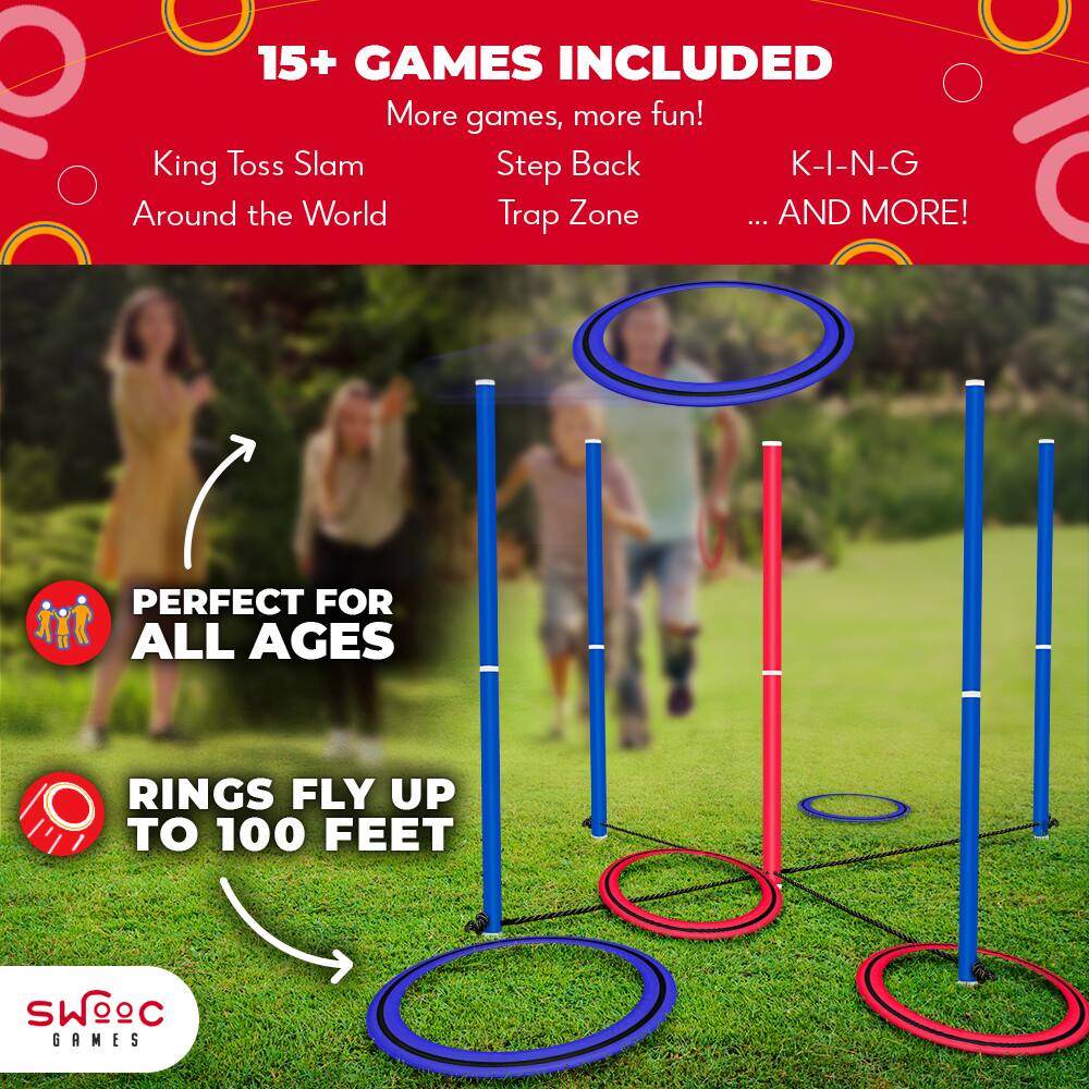 15+ GAMES INCLUDED  
More games, more fun!  
King Toss Slam  
Around the World  
Step Back  
Trap Zone  
K-I-N-G  
... AND MORE!  

PERFECT FOR ALL AGES  

RINGS FLY UP TO 100 FEET  

SWC GAMES