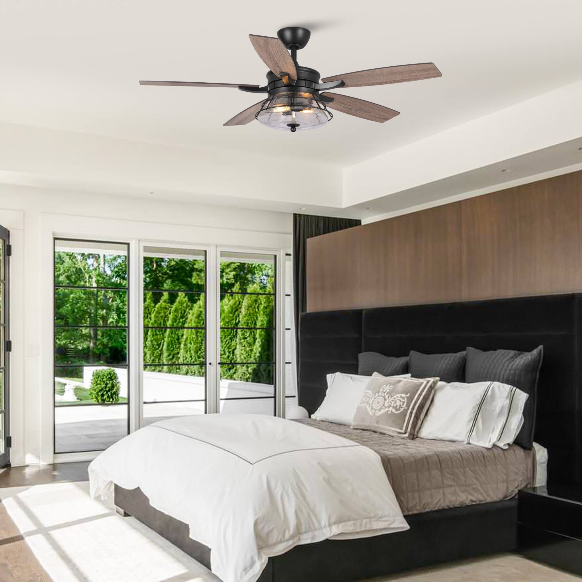 Alt View 1. Parrot Uncle - 52" Seeded Glass Black Industrial Indoor Ceiling Fan with Remote and Light Kit - Black.