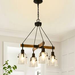 RYHNUYNE - 4 Light Farmhouse Chandelier 22.83in Rustic Pendant Light Fixture with Seeded Glass Shades, Wood Chandeliers