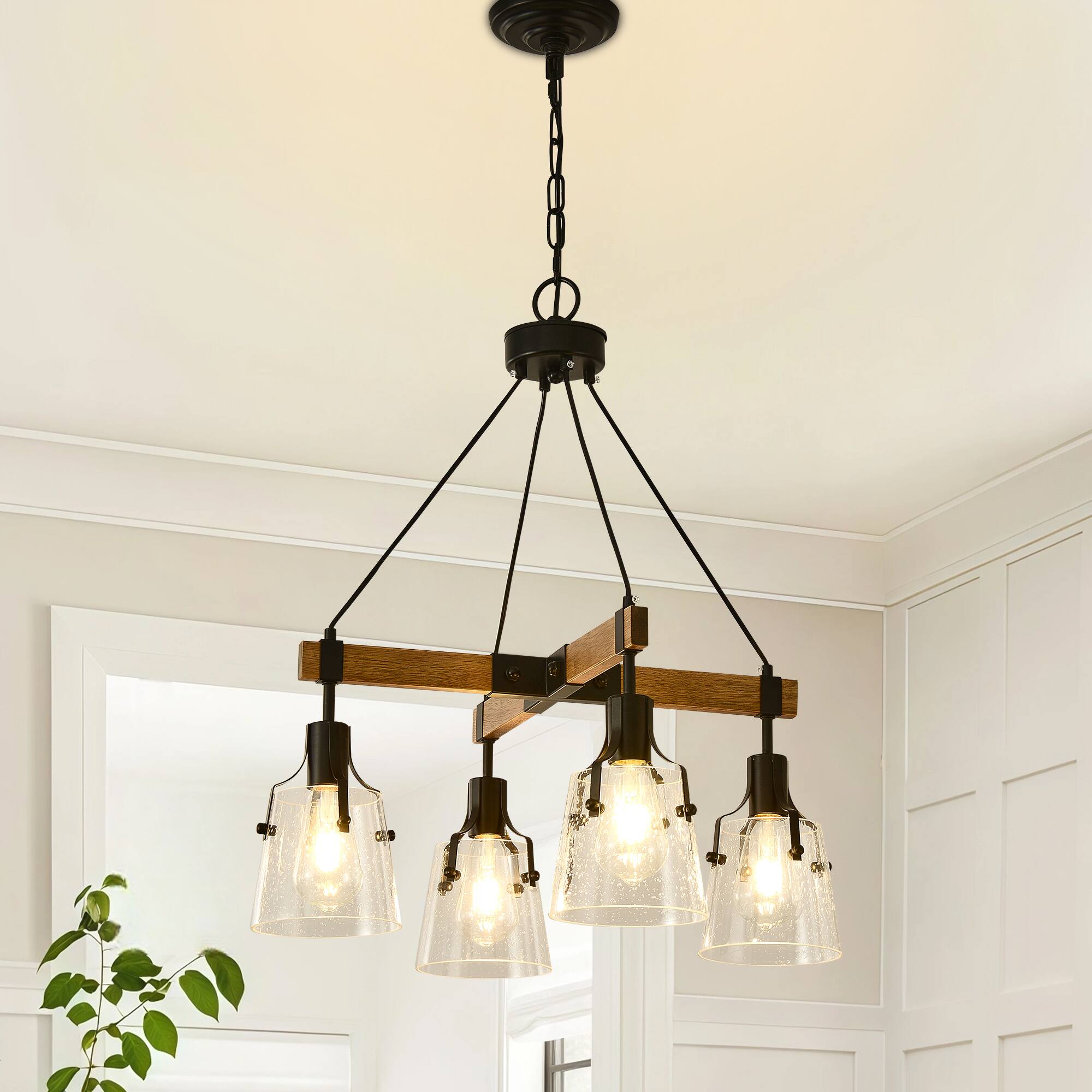 Front. RYHNUYNE - 4 Light Farmhouse Chandelier 22.83in Rustic Pendant Light Fixture with Seeded Glass Shades, Wood Chandeliers.