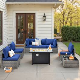 Ovios - 8 PCS Patio Furniture Set with 42" Fire Pit Table, Sectional Wicker Sofa with Coffee Table - Navy Blue