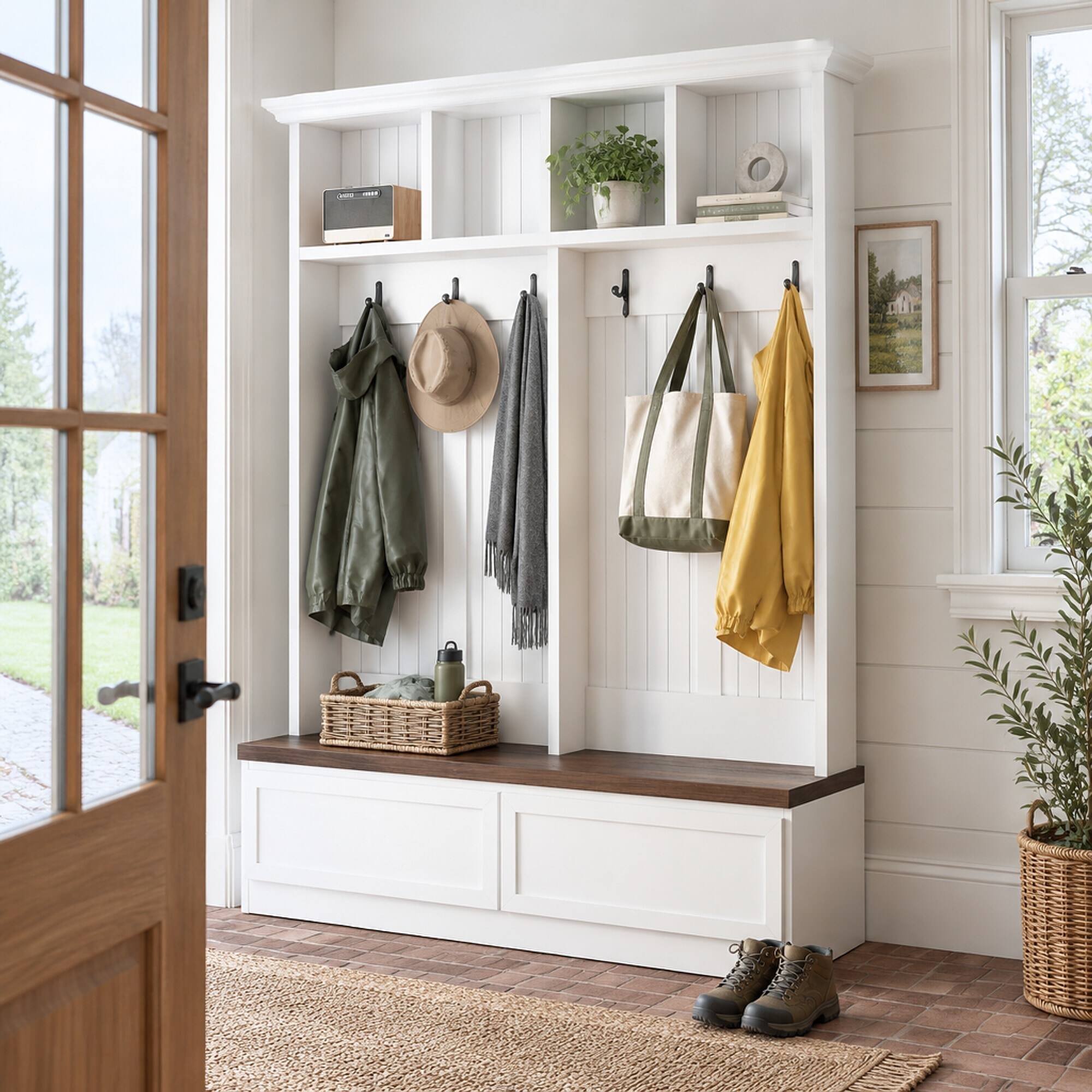 RYHNUYNE Farmhouse 4 in 1 Hall Tree, 55.9 in Wood Grain Bench, 2 ...