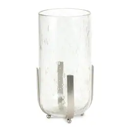BreeBe - Bubbled Glass Vase Candle Hurricane with Metal Stand - Clear/Silver