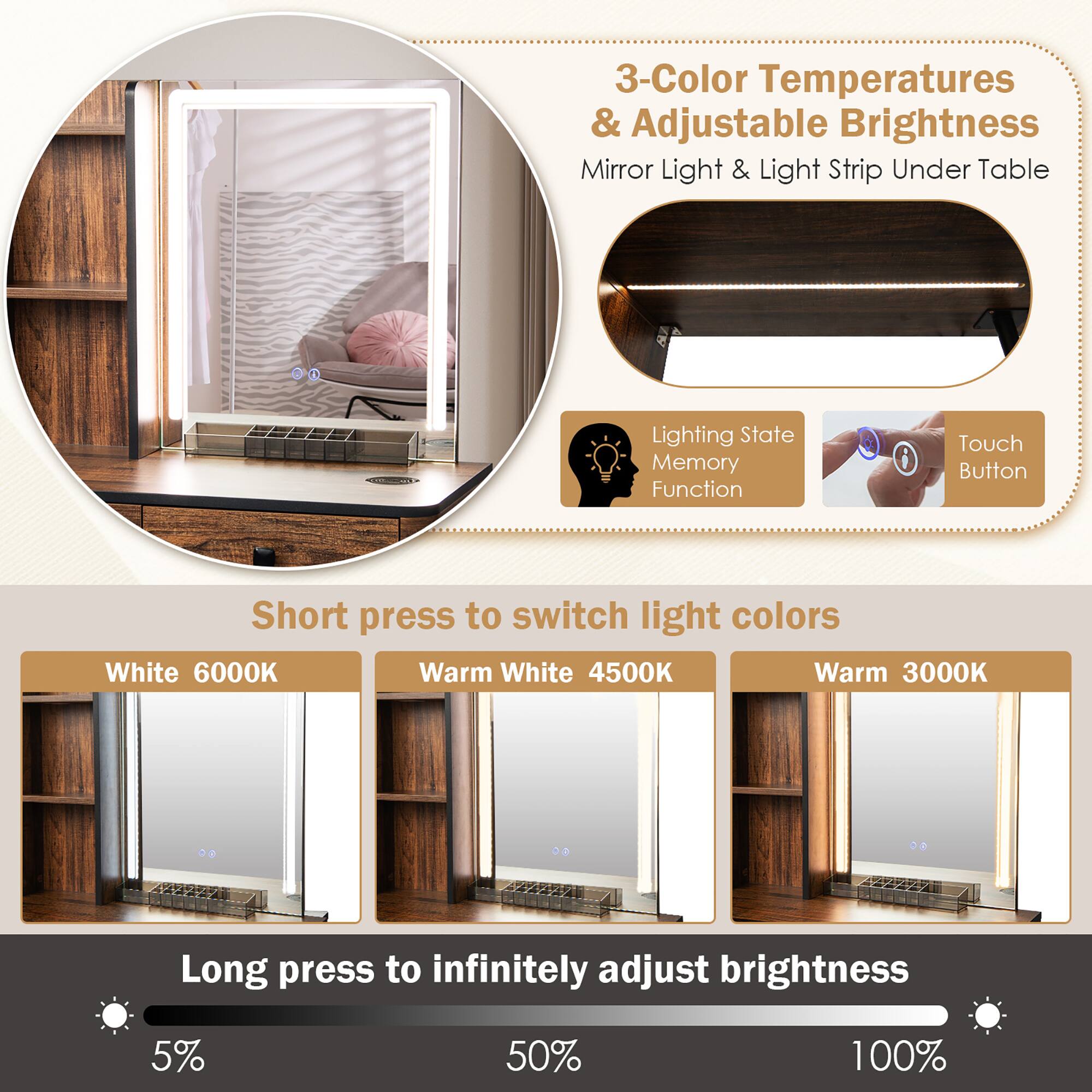 3-Color Temperatures & Adjustable Brightness  
Mirror Light & Light Strip Under Table  

Lighting State Memory Function  
Touch Button  

Short press to switch light colors  
White 6000K  
Warm White 4500K  
Warm 3000K  

Long press to infinitely adjust brightness  
5%  
50%  
100%
