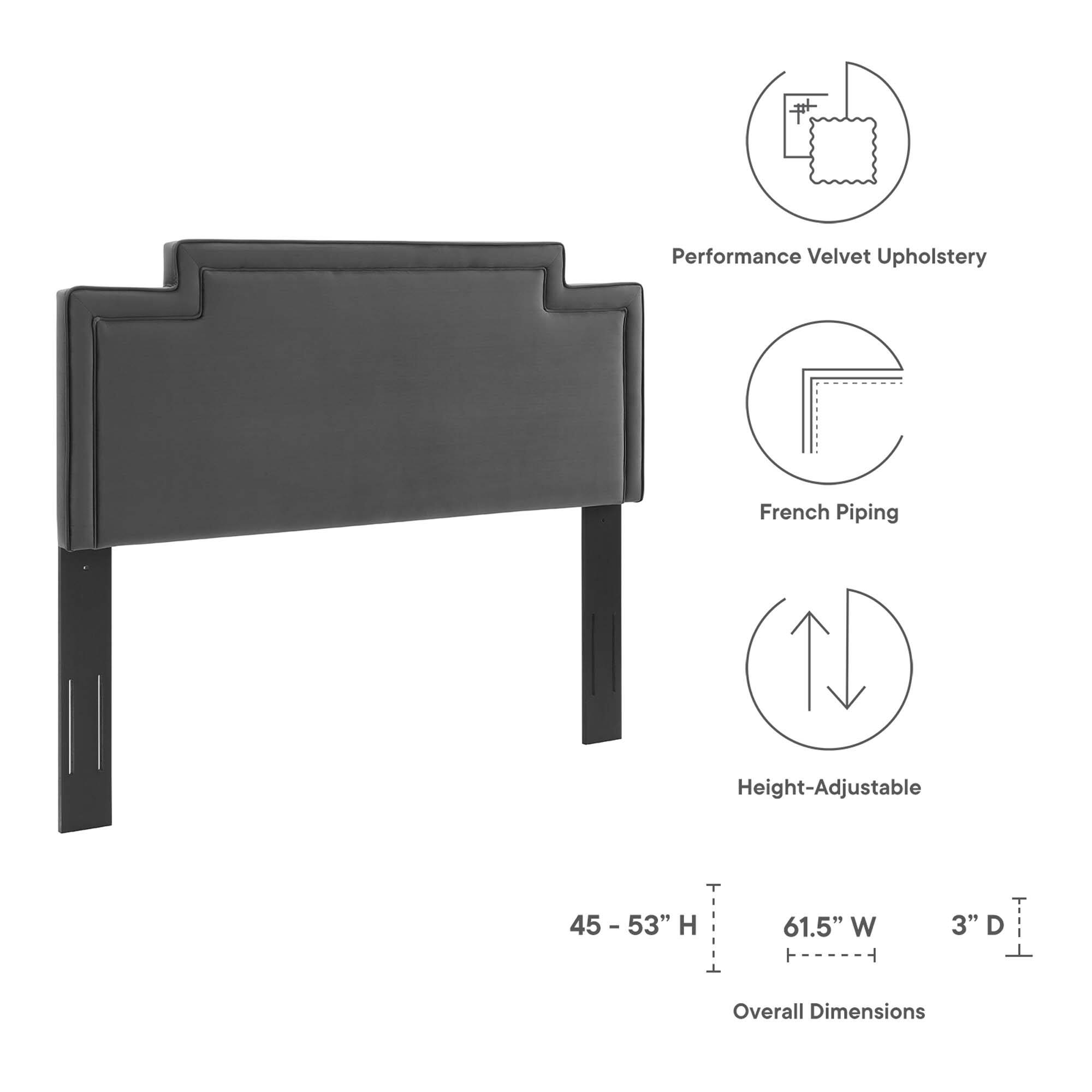 Performance Velvet Upholstery  
French Piping  
Height-Adjustable  

Overall Dimensions:  
45 - 53" H  
61.5" W  
3" D