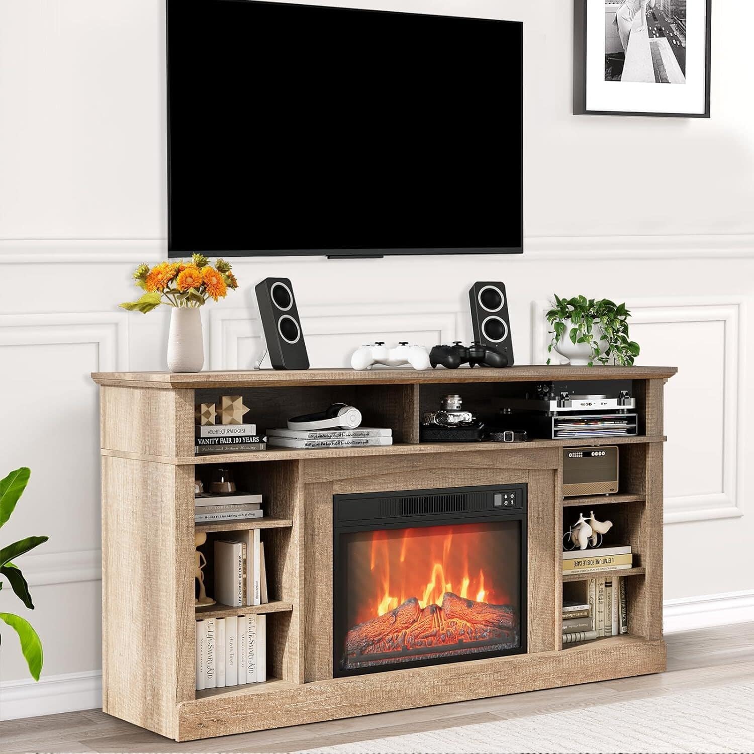 Qeetex - Modern 58 Inch Fireplace TV Stand with 23" Electric Fireplace Heater