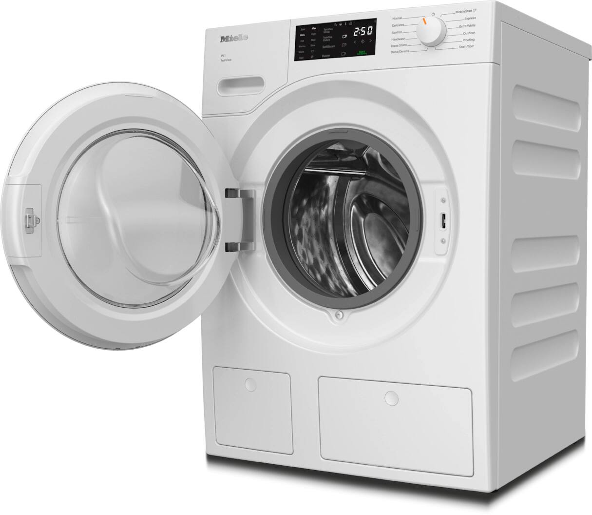 The image features a white washing machine and dryer combo. The washing machine has a door open, revealing its interior. The dryer is also visible, positioned next to the washing machine. The machine is white and has a digital display, indicating that it is a modern appliance.