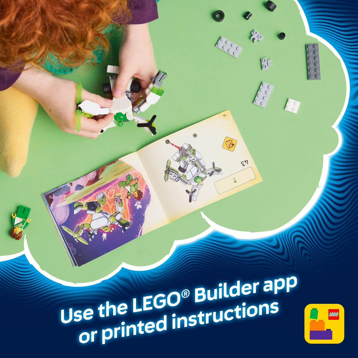 Use the LEGO Builder app or printed LEGO instructions.