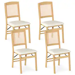 Gymax - Folding Dining Chairs Set of 4 w/Linen Padded Seat & Rattan Backrest for Kitchen Natural - Beige
