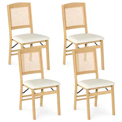 Front. Gymax - Gymax Folding Dining Chairs Set of 4 w/Linen Padded Seat & Rattan Backrest for Kitchen Natural & Beige - Beige.