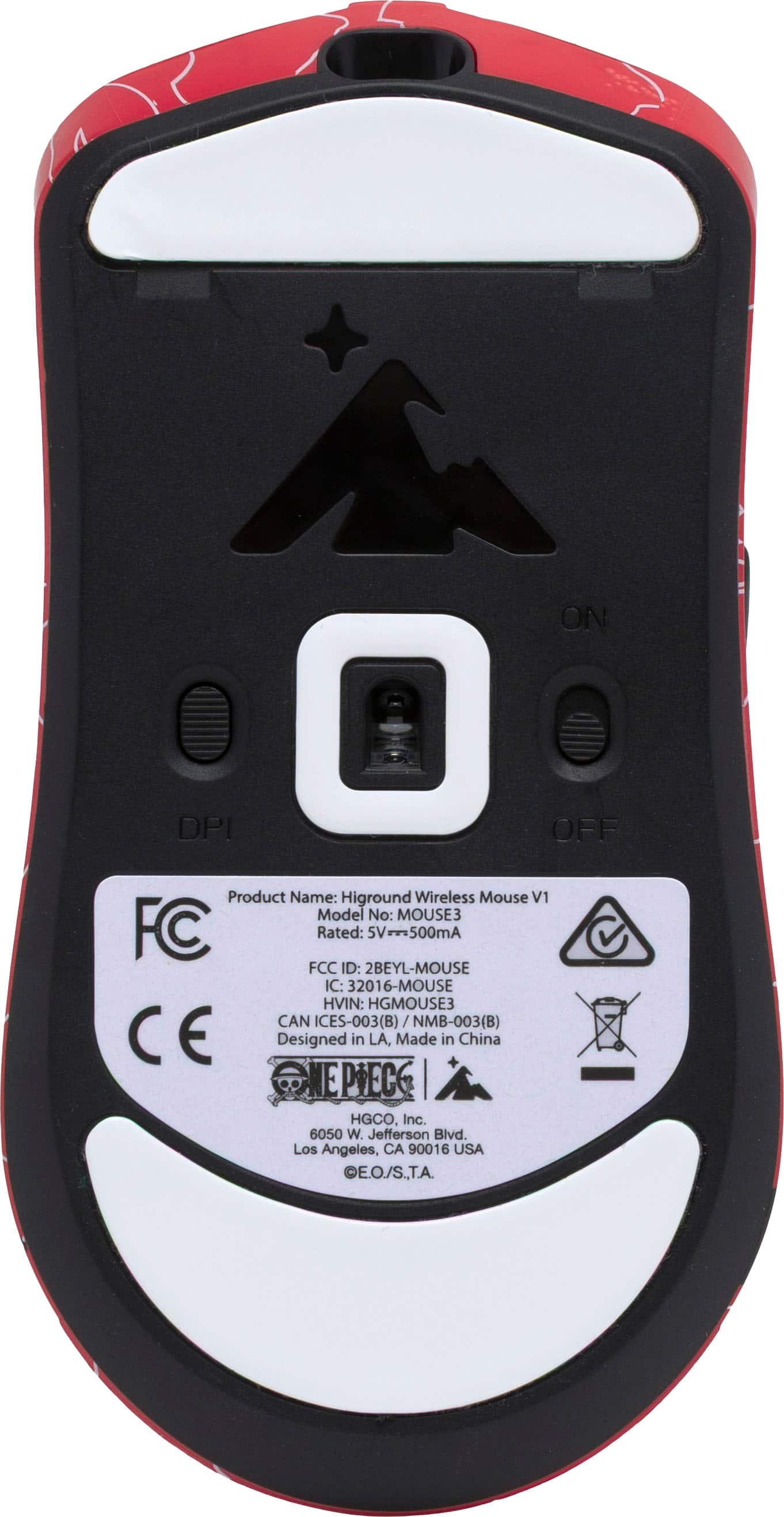 ON DPI OFF
Product Name: Higround Wireless Mouse V1
Model No: MOUSE3
FC Rated: 5V==500mA
FCC ID: 2BEYL-MOUSE
IC: 32016-MOUSE
HVIN: HGMOUSE3
CAN CES-003(B) /NMB-003(B)
CE
Designed in LA, Made in China
NE PECE HGCO, Inc.
6050 W. Jefferson Blvd.
Los Angeles, CA 90016 USA
E.O/S.,T.A.