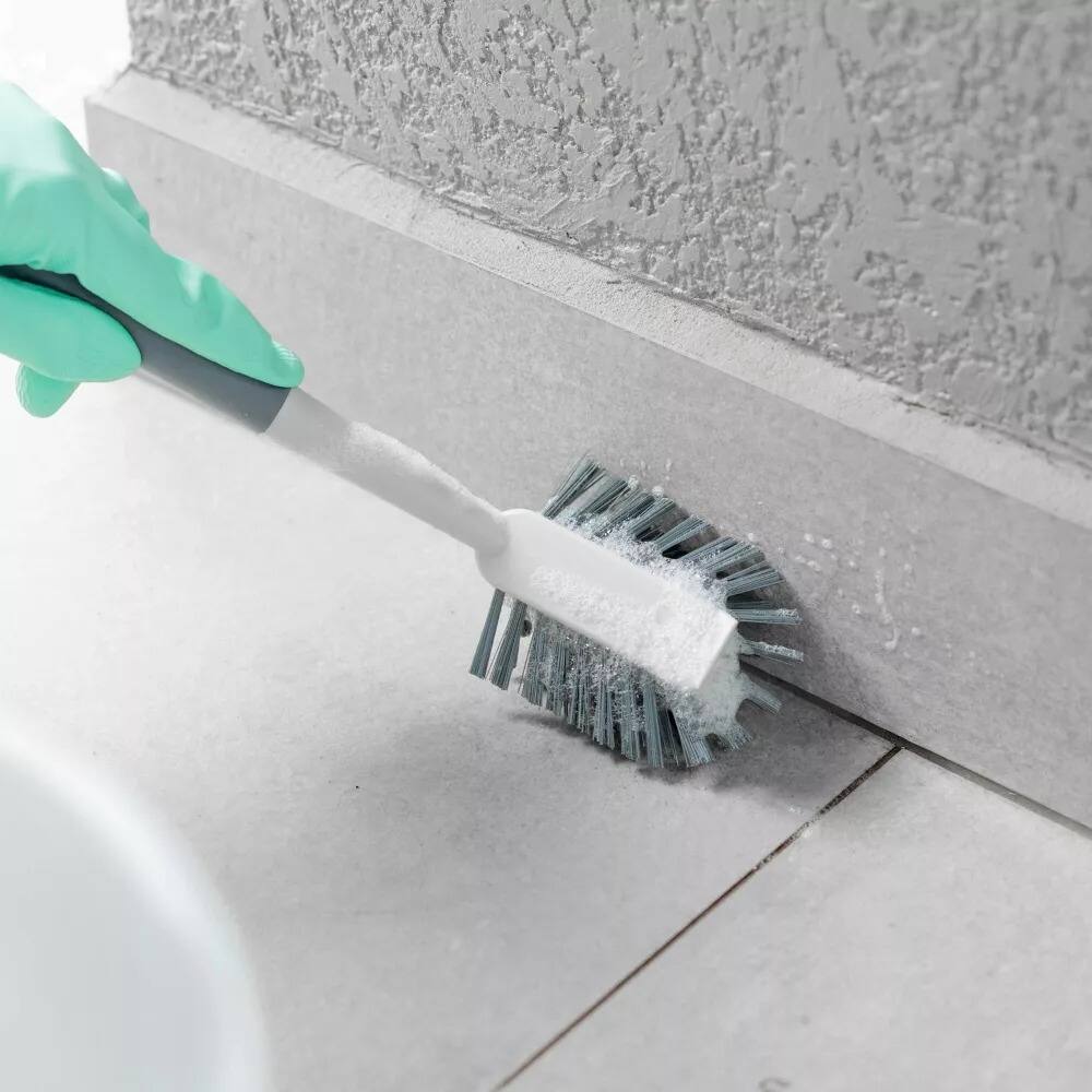 Angle. OU - OU Multipurpose Scrub Brush w Built-In Scraper, Cleaning Scrubber Brush for Bathroom & Kitchen.
