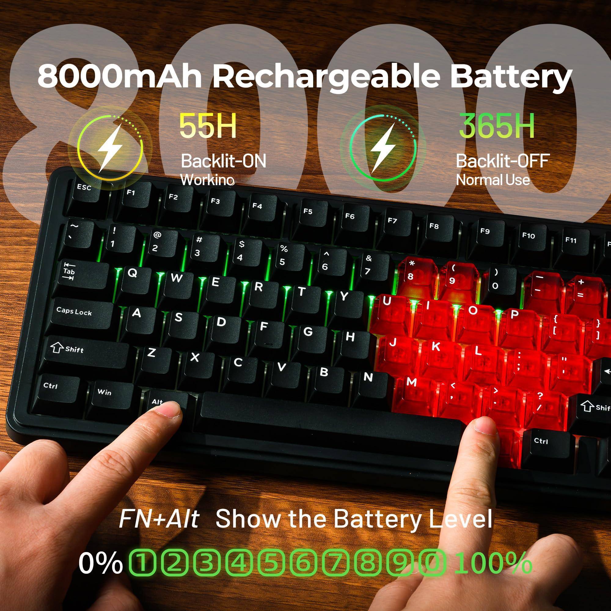 8000mAh Rechargeable Battery

55H Backlit-ON Workino

365H Backlit-OFF Normal Use

ESC F1 F2 F3 F4 F5 F6 F7 F8 F9 F10 F11 F12

1 2 3 4 5 6 7 8 9 0

Q W E R T Y U I O P

A S D F G H J K L

Z X C V B N M

Caps Lock Shift

Ctrl Win Alt Shift

FN+Alt Show the Battery Level

0% 1 2 3 4 5 6 7 8 9 0 100%