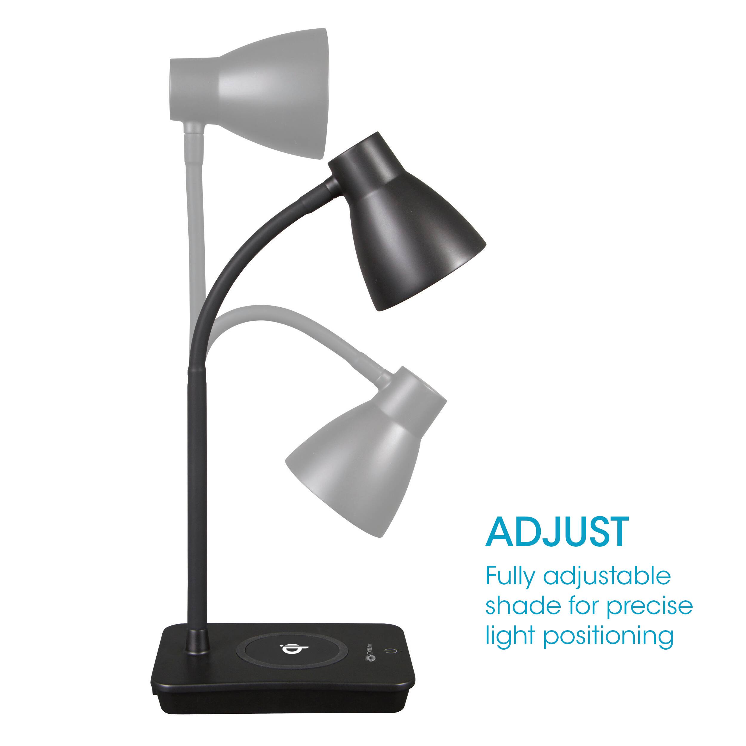The text on the image reads: "ADJUST Fully adjustable shade for precise light positioning."