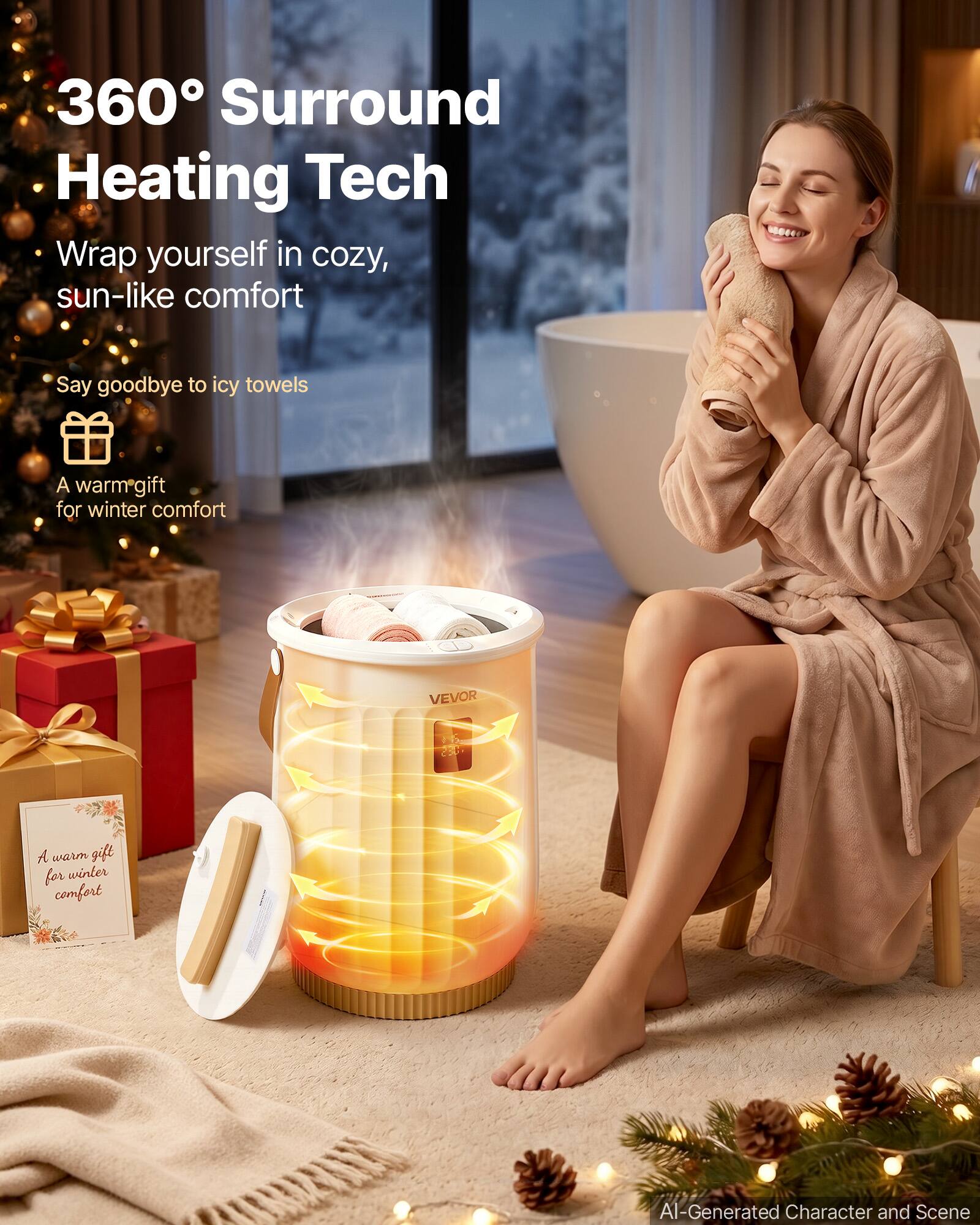 360° Surround Heating Tech  
Wrap yourself in cozy, sun-like comfort  
Say goodbye to icy towels  
A warm gift for winter comfort  
VEVOR  
A warm gift for winter comfort  
AI-Generated Character and Scene